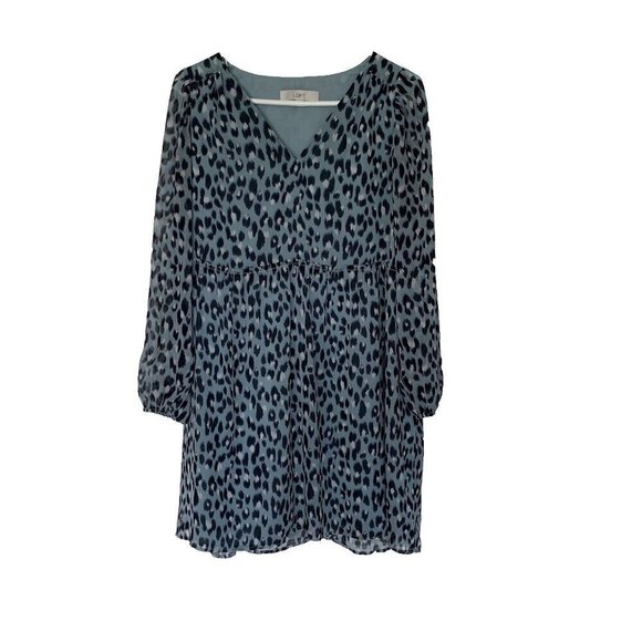 Loft Light Blue Small Snow Leopard Print V-Neck Swing Dress - Picture 2 of 15